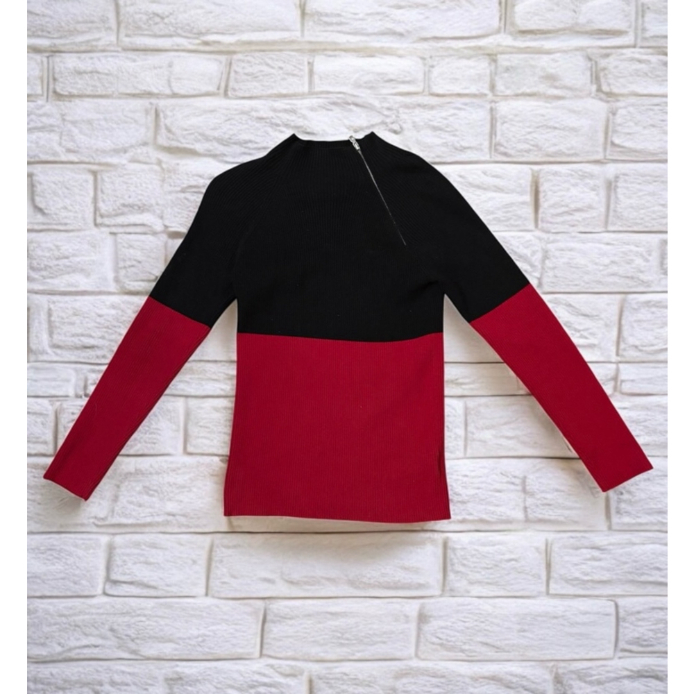 LRL Women’s Petite Large Ribbed Mockneck Knit Sweater Asymmetric Zip Colorblock